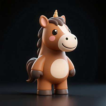 Cute cartoon unicorn isolated on black background. 3d rendering.の写真素材