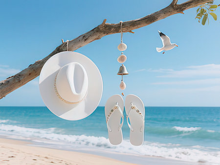 White hat and flip flops hanging on the tree with sea backgroundの写真素材
