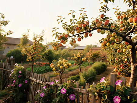 Apple tree with ripe fruits and flowers in the garden at sunset.