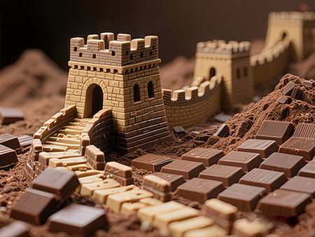 Chocolate and brick castle on a dark background, close-up