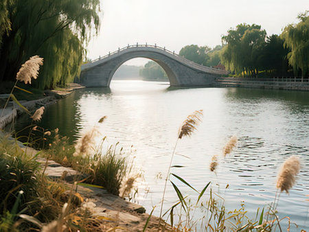 Stone bridge over the lake in a park in Beijing, China.の写真素材