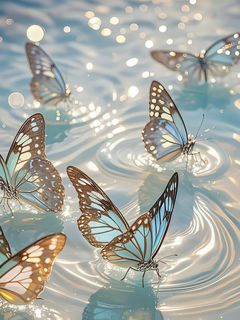 Butterflies in the water with bokeh effect. Abstract background.の写真素材