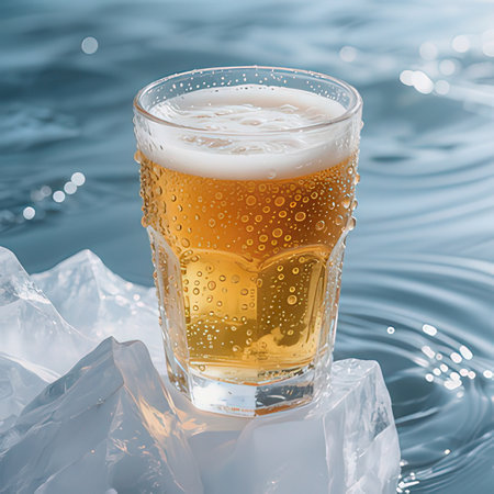Glass of beer with ice cubes on water surface, closeup viewの写真素材