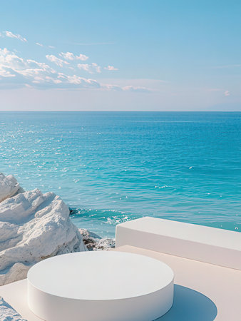 White round podium on the edge of a cliff overlooking the sea and skyの写真素材