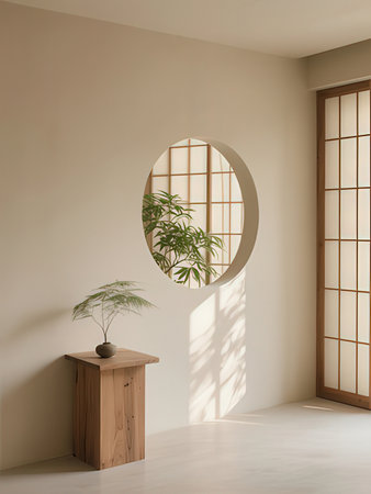 Interior of modern living room with white walls, concrete floor, round window and plant in pot. 3d renderingの写真素材