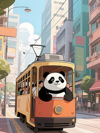 Illustration of a cute panda on a tram in the cityの写真素材