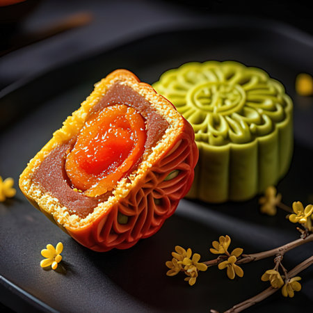 Moon cake on black plate with yellow flowers. Chinese mid autumn festival food.の写真素材