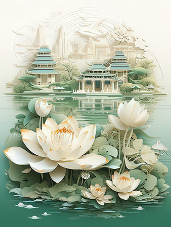 Paper art of the lotus flower in the pond and ancient buildingsのeditorial素材