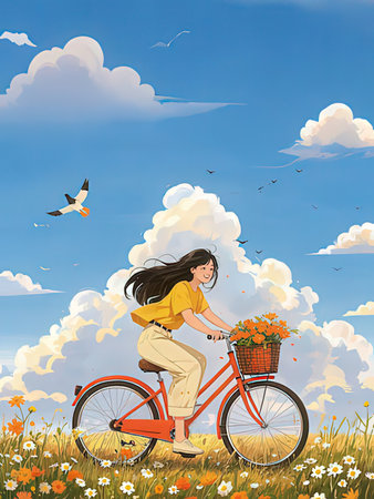 Girl riding a bicycle in the meadow with flowers and flying birdsの写真素材