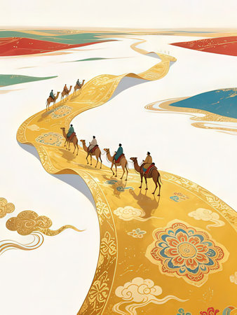 Camel caravan with camels in the desert. Vector illustration.の写真素材