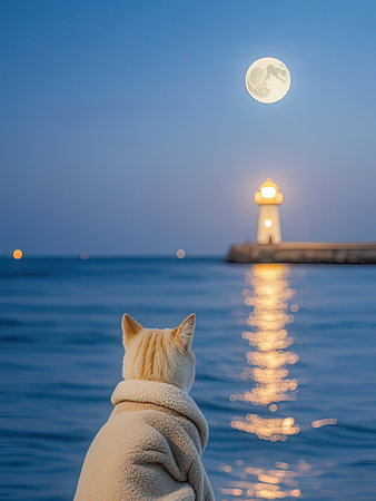 White cat looks at the moon and a lighthouse on the sea.の写真素材