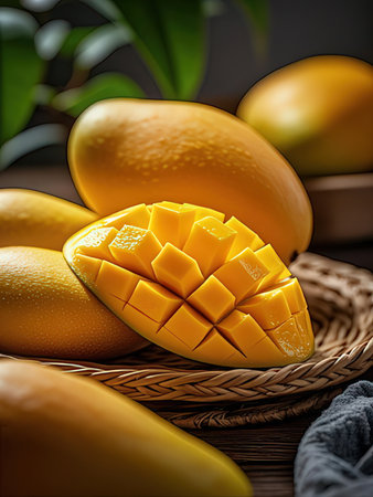 Ripe mango in a basket on a wooden background. 3d renderingの写真素材