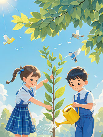 Boy and girl watering the tree with a watering can, vector illustrationの写真素材