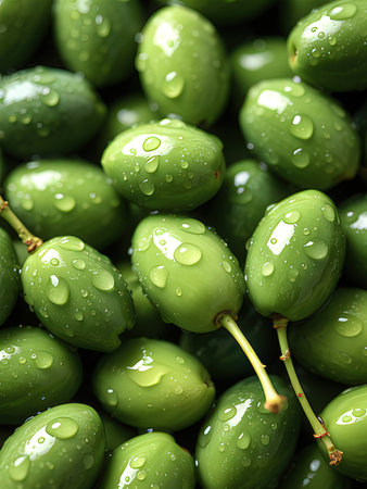 Green olives with water drops, close-up. Background.の写真素材