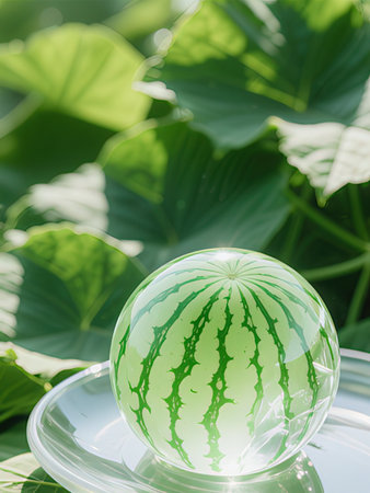 Watermelon in a glass bowl on a background of green leaves.の写真素材