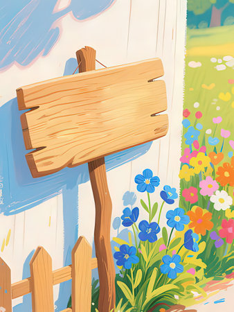 Wooden signboard in the garden with flowers and fence. Vector illustration.の写真素材