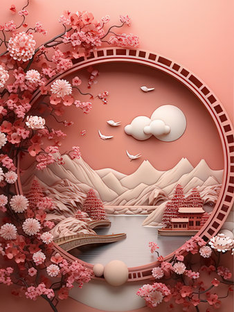 Cherry blossom and landscape paper art style, 3d renderingの写真素材