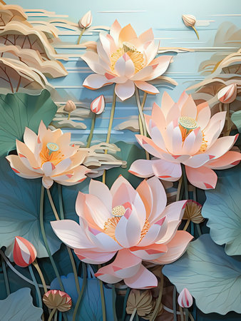 Beautiful pink lotus flowers in the pond. Vector illustration.の写真素材