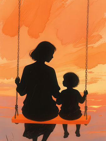 Silhouette of a mother and her daughter on a swing at sunsetの写真素材