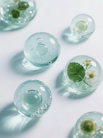 Close-up of glass test tubes with water and plants on white background