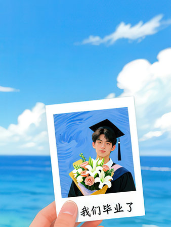 Graduation photo on the background of the sea and blue sky.の写真素材