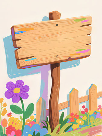 Wooden signboard in the garden with flowers. Vector illustration.の写真素材
