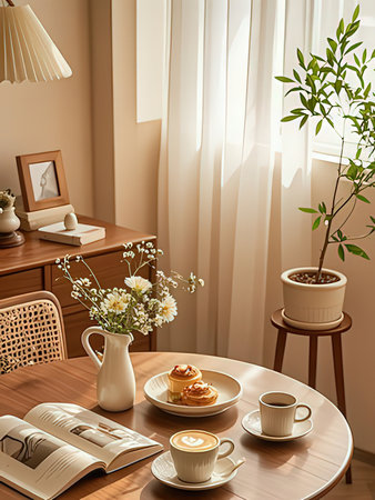 3d render of coffee with croissant in the living roomの写真素材