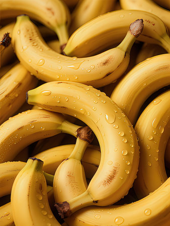 Bunch of ripe yellow bananas with water drops close-up.の写真素材