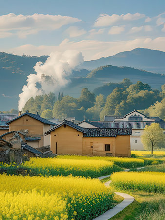 Rape blossoms and rural landscape in Wuyuan, Jiangxi, China.の写真素材