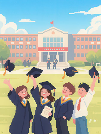 Graduates celebrating graduation in front of school building. Pixelated vector illustrationの写真素材