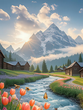 Beautiful spring landscape with flowers and wooden houses in the mountains.の写真素材