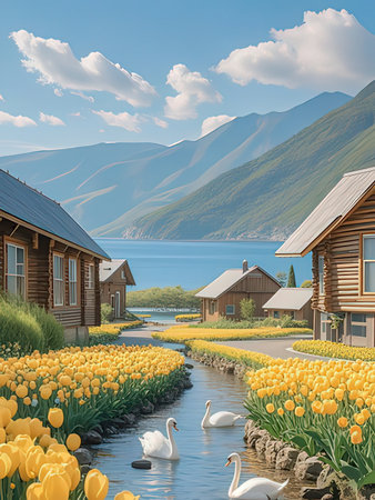 3D render of a cottage in the middle of a lake surrounded by yellow tulipsの写真素材