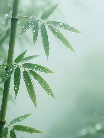 Bamboo leaves with dew drops in the morning, nature backgroundの写真素材
