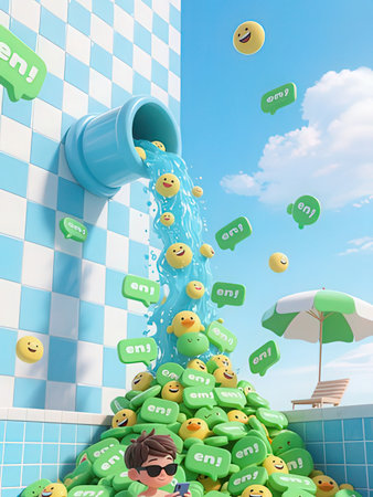 3D Illustration of a pool full of emoticons and a bucket