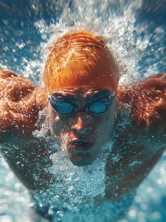 Portrait of a swimmer in cap and goggles swimming in poolの写真素材