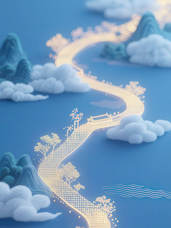 3d illustration of a road leading to the horizon with clouds in the skyの写真素材