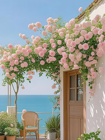 Wooden door to the terrace with pink roses and sea viewの写真素材