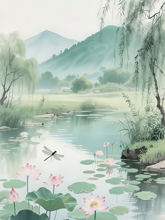 Water lily pond and mountain landscape with dragonfly in the morningの写真素材