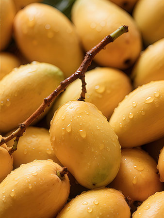 Close-up of yellow ripe Marian plum fruit with water drops.