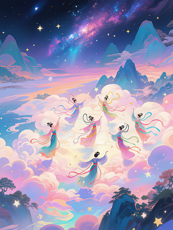 Beautiful magic landscape with mountains, clouds and flying angels. Vector illustration.の写真素材