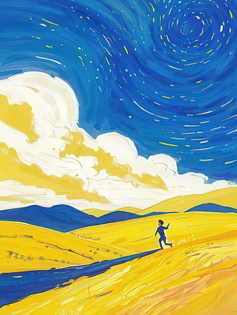 Illustration of a man running in the field. Vector illustration.の写真素材