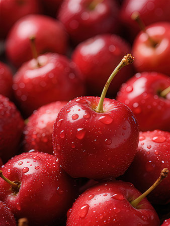 Close up of fresh red cherries with water drops. Shallow dof.の写真素材