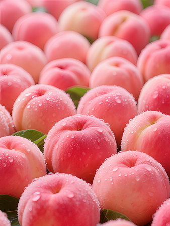 Fresh peaches with water droplets on the petals, closeup