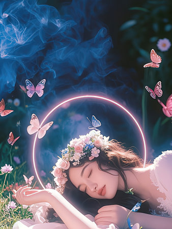 Beautiful young woman lying on the grass with butterflies in the backgroundの写真素材