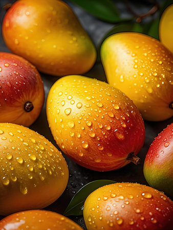 Mango fruits with water drops on dark background. Close up.の写真素材