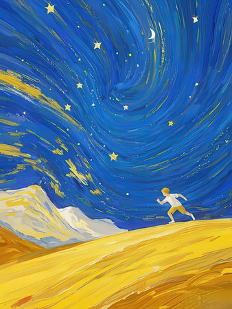 Illustration of a man running on a hill in the starry skyの写真素材