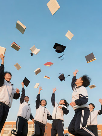High school students jumping with books and mortarboard. Education concept.の写真素材