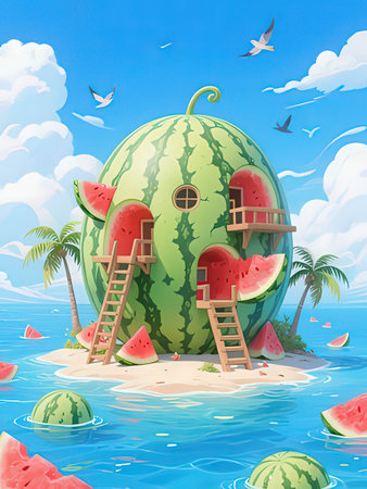 Watermelon house on the beach. Vector illustration of a summer vacation.の写真素材