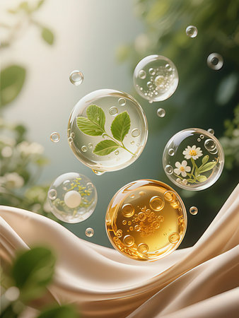 Soap bubbles with green leaves and flowers on silk background. 3d illustrationの写真素材