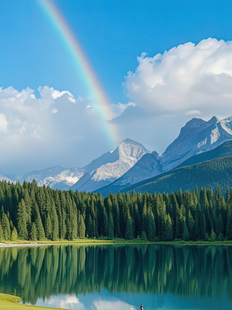 Rainbow over Lake Misurina in the Dolomites, Italyの写真素材